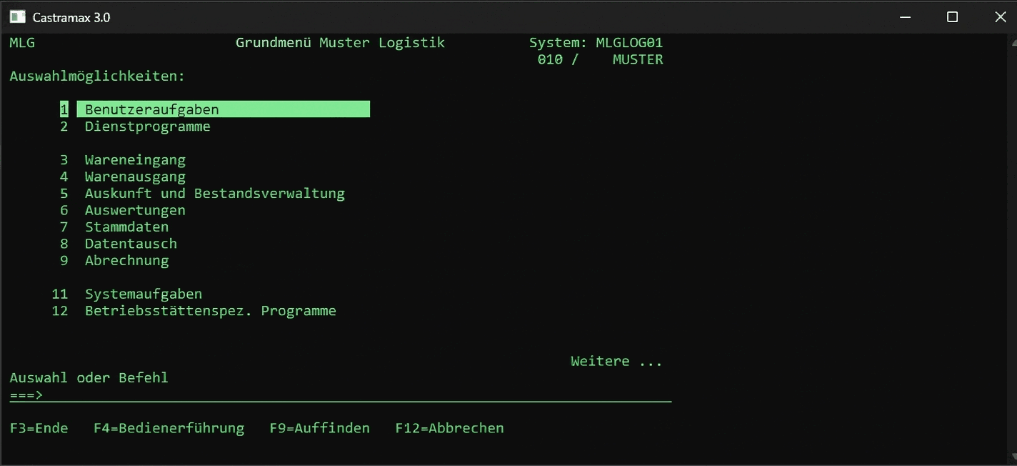 Castramax 3.0 Grundmenü im Terminalmodus – Warehouse Management per Tastatur